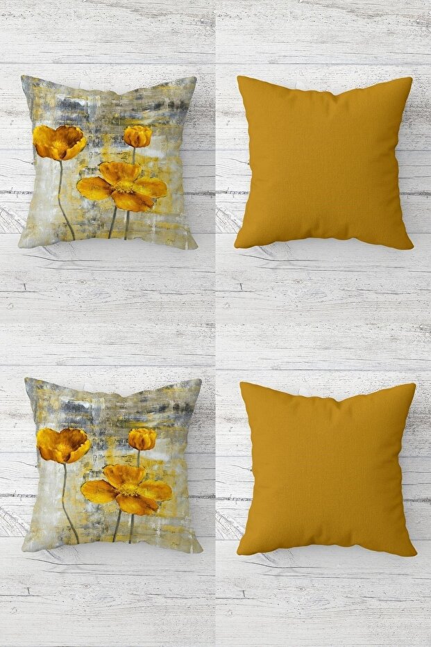 Yellow Poppy and Flat Throw Pillow Set with Hidden Zipper, Sofa Cushion Cover Set (4 Pieces)