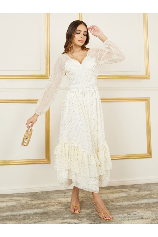 Lurex Dobby Sweetheart Neck Ruffle Detail A-Line Maxi Dress