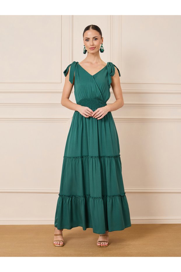 Smocked Waist Tie Sleeves Tiered Maxi Dress
