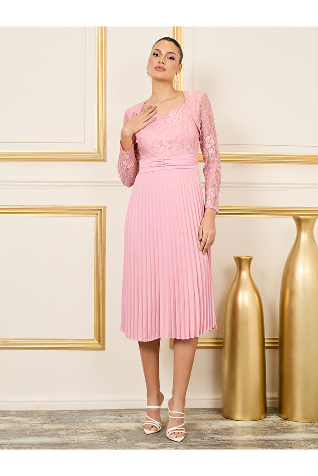 Lace Detail Pleated A Line Midi Dress