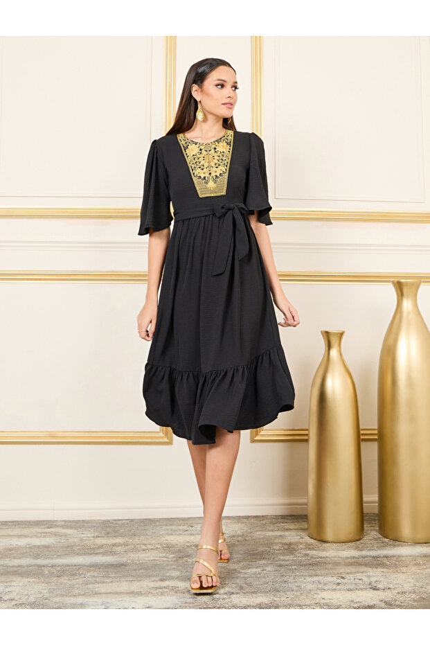 Embroidered 3/4 Sleeve Tiered Midi Dress with Tie Belt