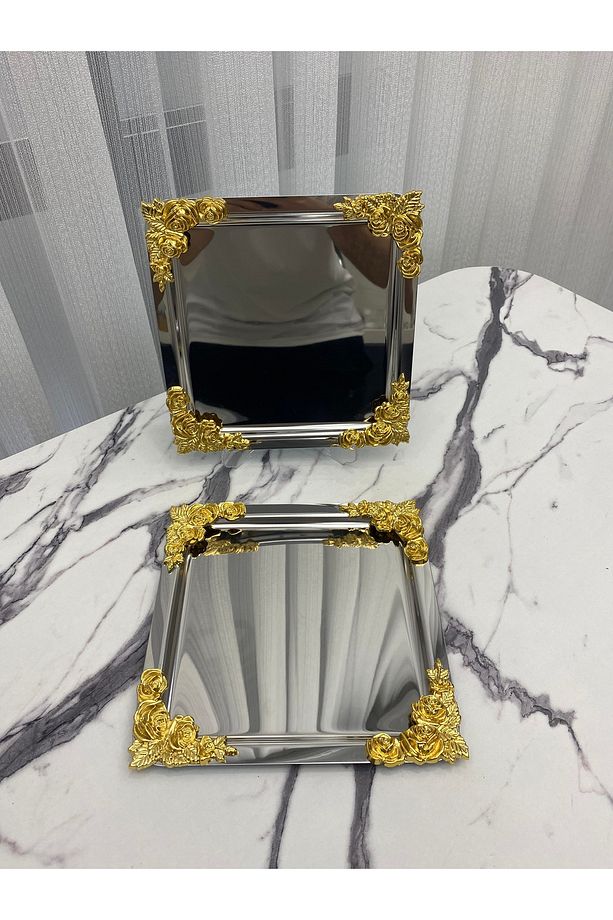 2'Li Lüx  4 köşesi Çiçekli Gümüş Kare  Kaplama Model çay,kahve,ikram servis Sunum Tepsisi 21x21 - 1