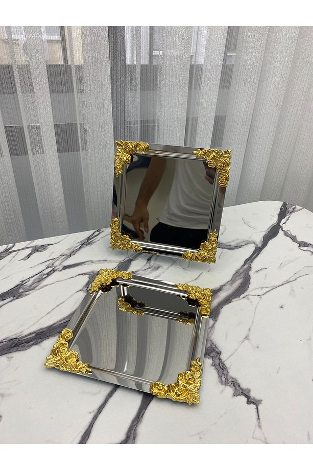 2'Li Lüx  4 köşesi Çiçekli Gümüş Kare  Kaplama Model çay,kahve,ikram servis Sunum Tepsisi 21x21 - 2