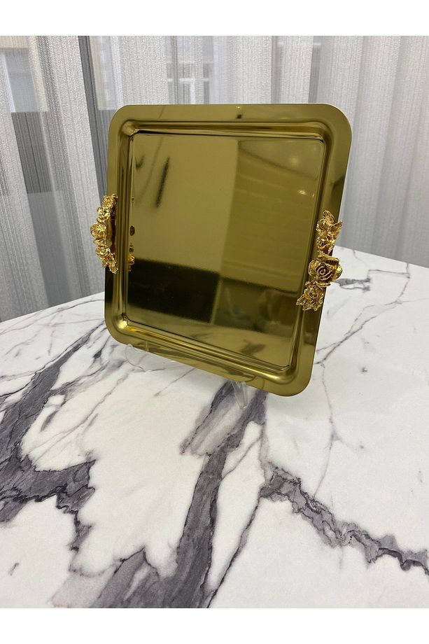 Lüx Kare 3'Lü kalın Kulplu Gold Kaplama  Model çay,kahve,ikram servis Sunum Tepsisi 21x21 cm - 3