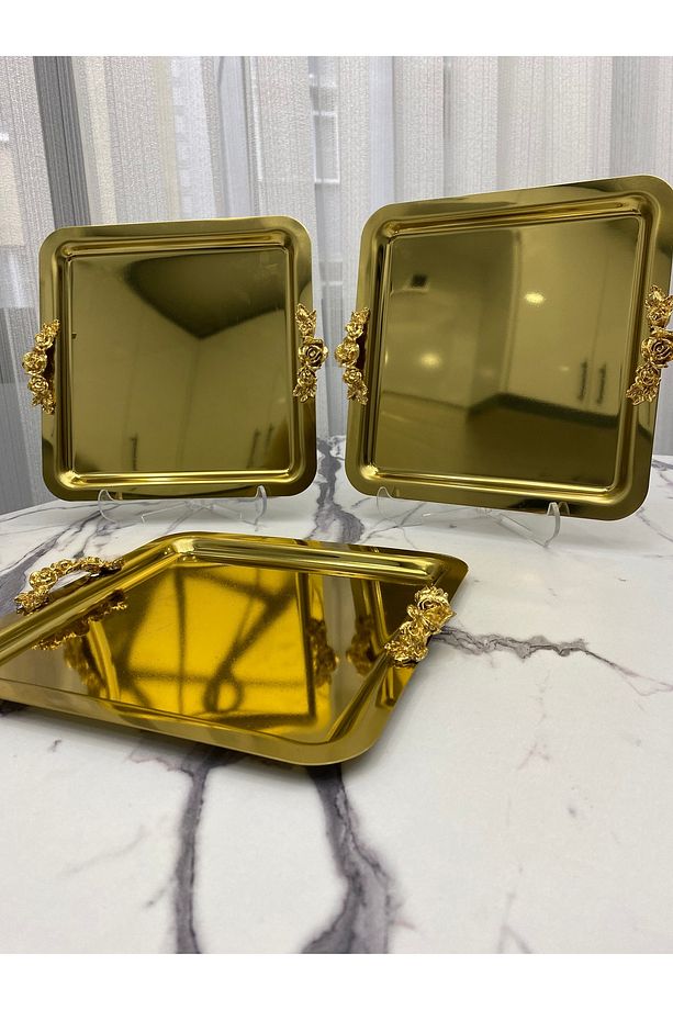 Lüx Kare 3'Lü kalın Kulplu Gold Kaplama  Model çay,kahve,ikram servis Sunum Tepsisi 21x21 cm - 1
