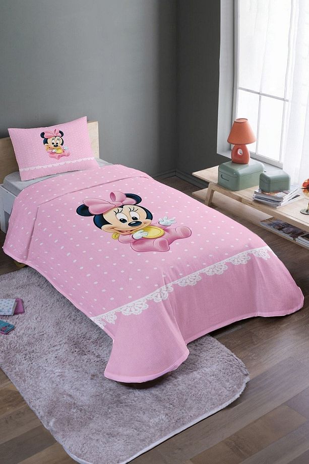 Pembe Puantiyeli Minnie Desenli Tek Kişilik Pike Takımı Ve Yatak Örtüsü - 2