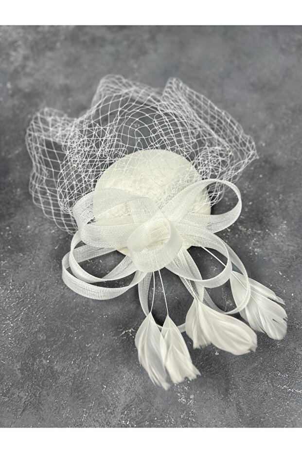 Elegant Bridal Wedding Hat with Ribbon and Feathers, White