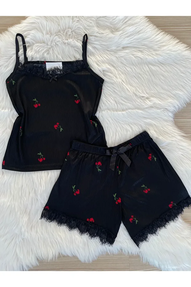 Siyah Kiraz Desenli Şortlu Pegasus Pijama Takımı - 1