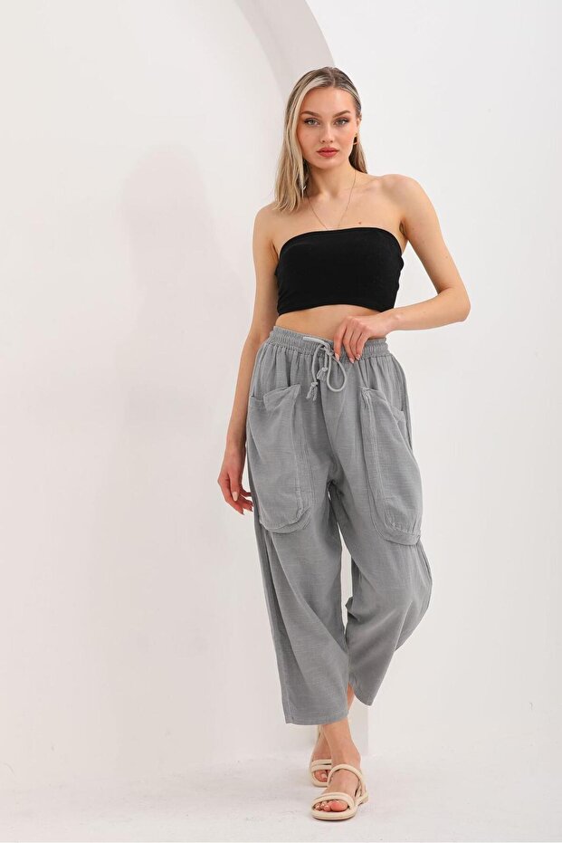 Women's Gray Front Double Pocket Linen Shalwar Trousers