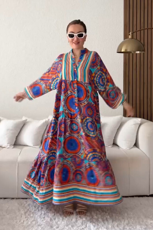 Women's Blue Orange Buttoned Collar Ethnic Patterned Balloon Sleeve Long Dress