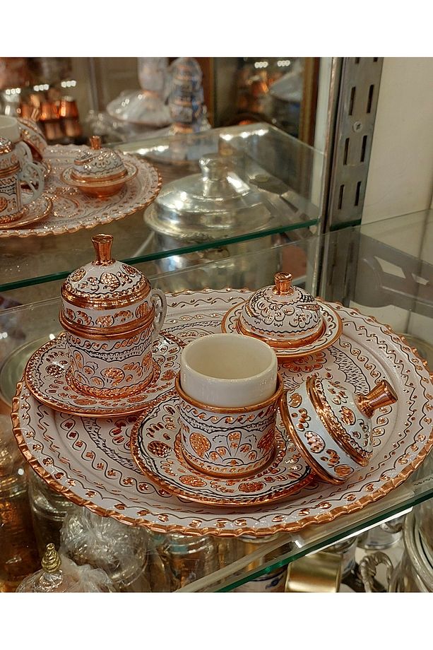 Bakır Fincan Takımı 2 Kişilik Fincan Takımı Bakır Osmanlı Desenli Türk Kahvesi Bakır Kahve Takımı - 1