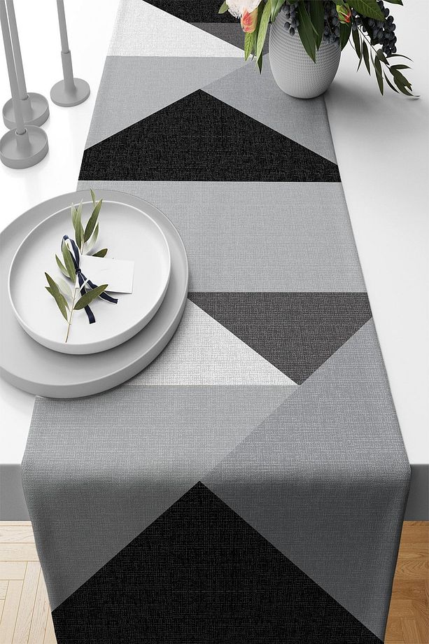 40x140cm Premium Tay Tüyü Dokuma Leke Tutmaz Kumaş Masa Örtüsü Geometrik Runner Rnr347 - 1