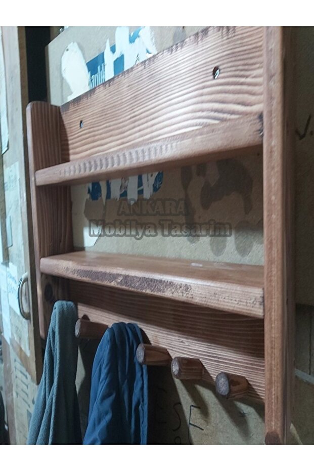 Ahşap askılık duvar rafı - 4