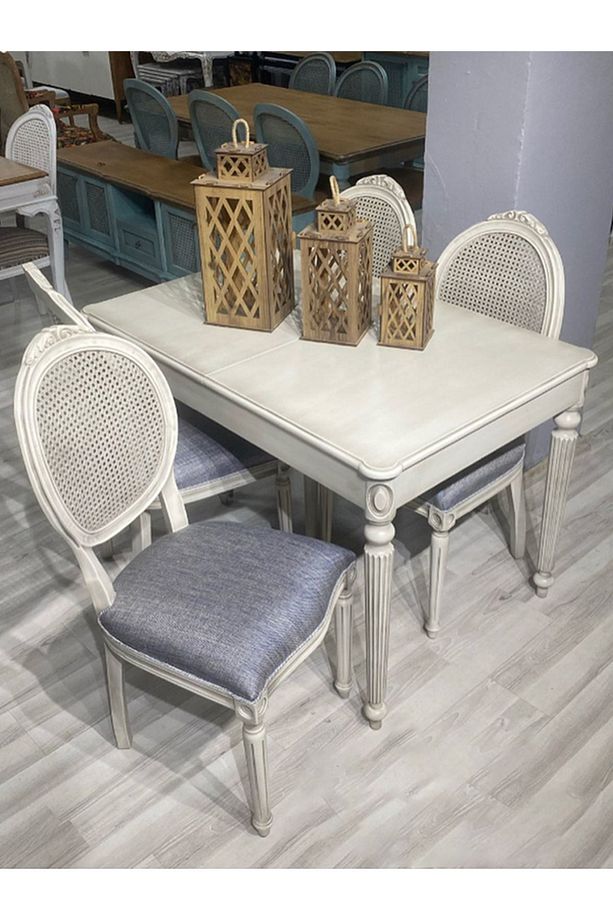 Ahşap Açılır Masa (100 CM) Ve Madalyon (4 ADET) Ahşap Sandalye - Hasırlı Mutfak Sandalyesi - 1