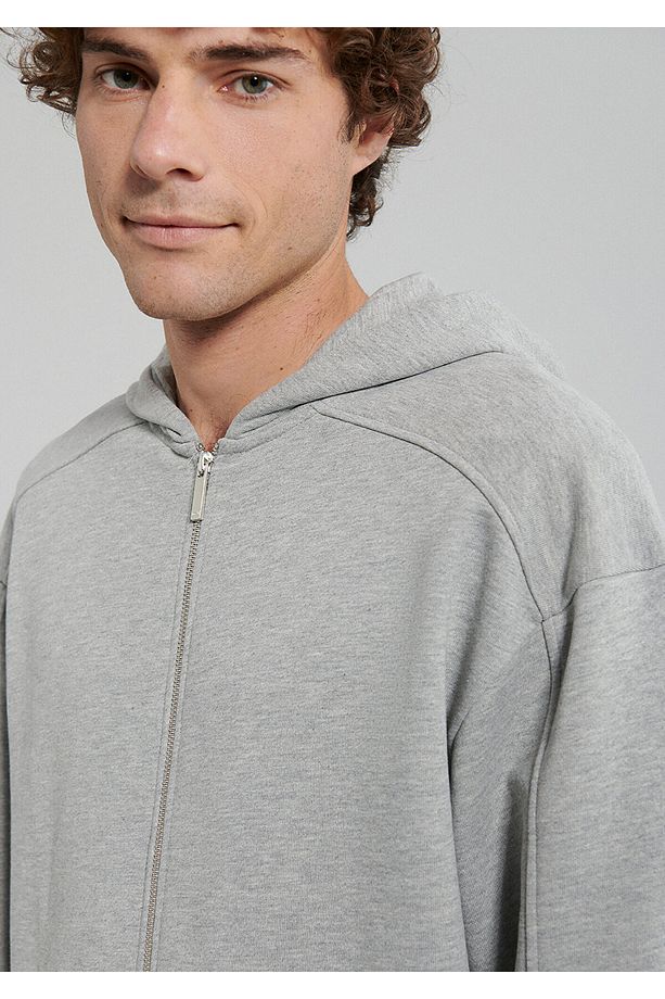 Kapüşonlu Fermuarlı Gri Basic Sweatshirt 0S10095-80196 - 5