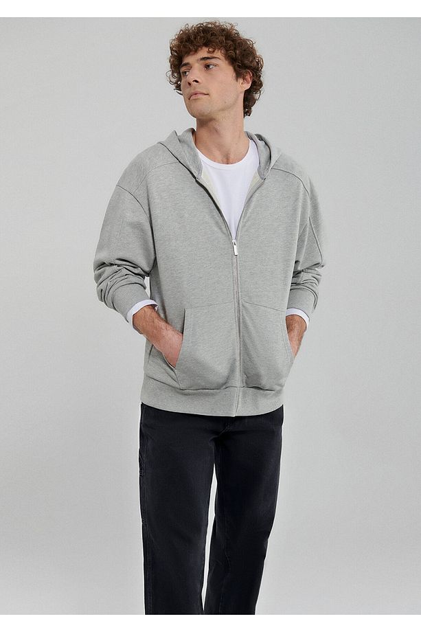 Kapüşonlu Fermuarlı Gri Basic Sweatshirt 0S10095-80196 - 1