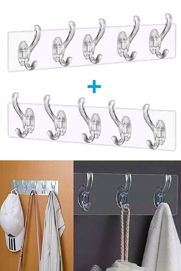 2 Pieces Transparent Hanger Wall Hanger 5-Piece Non-Marking Strong Adhesive Bathroom Kitchen Hooks