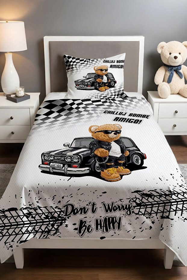 Bear with Car Teddy Patterned Pique Set (160x230cm)