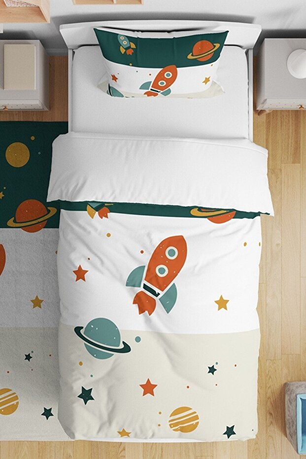 Retro Green Cream Spacecraft Patterned Single Baby Kids Bedding Set