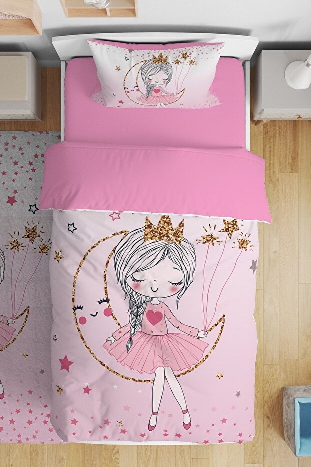 Pink Starry Princess on the Moon Patterned Single Baby Kids Bedding Set