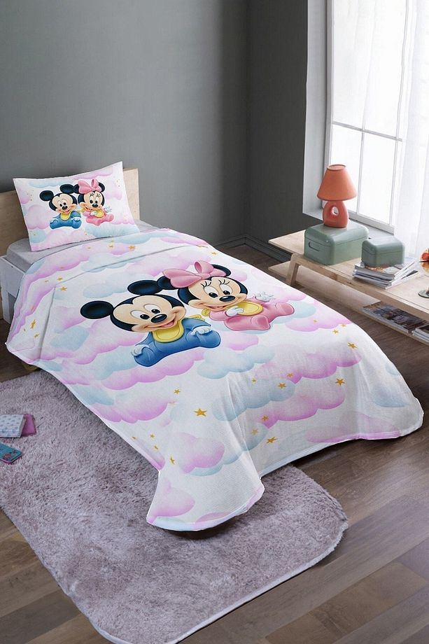 Bulutlu Mickey Ve Minnie Desenli Tek Kişilik Pike Takımı Ve Yatak Örtüsü - 2