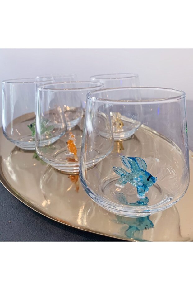 Set of 6 Water Glasses with Handmade Glass Fish