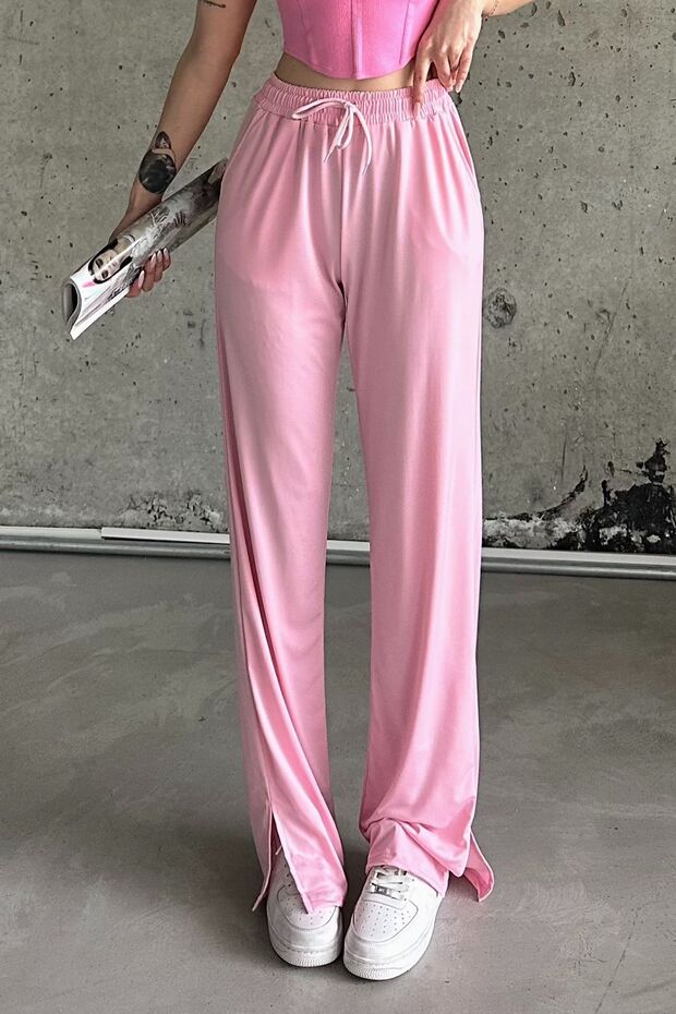 Pink Elastic Slit High Waist Sweatpants
