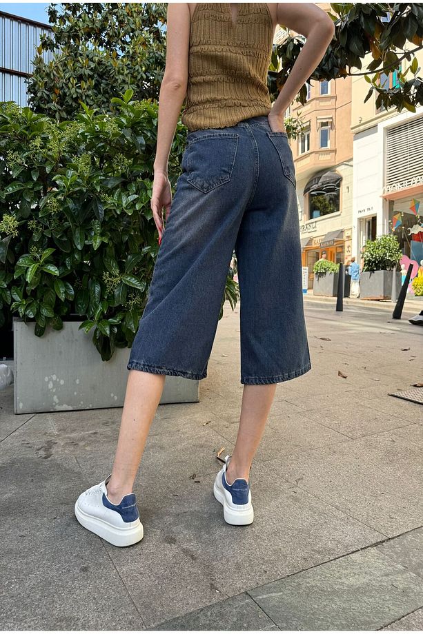 Lacivert Yıkamalı Y2K Baggy Kot Şort - 3