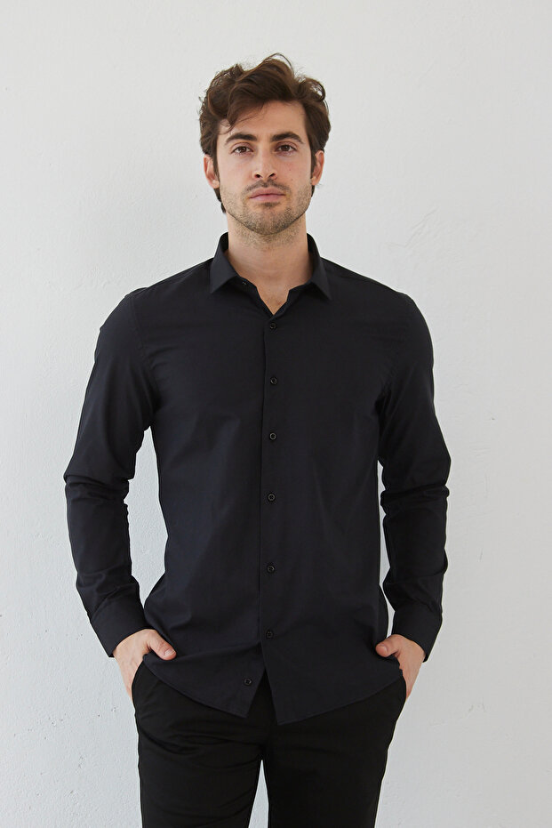 Slim Fit Long Sleeve Easy-Iron Sweat-Absorbent Breathable Texture Tie Shirt Four Seasons Black Men's Shirt