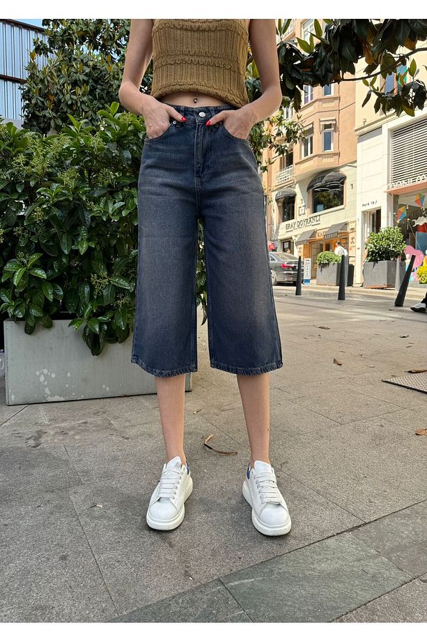 Lacivert Yıkamalı Y2K Baggy Kot Şort - 5