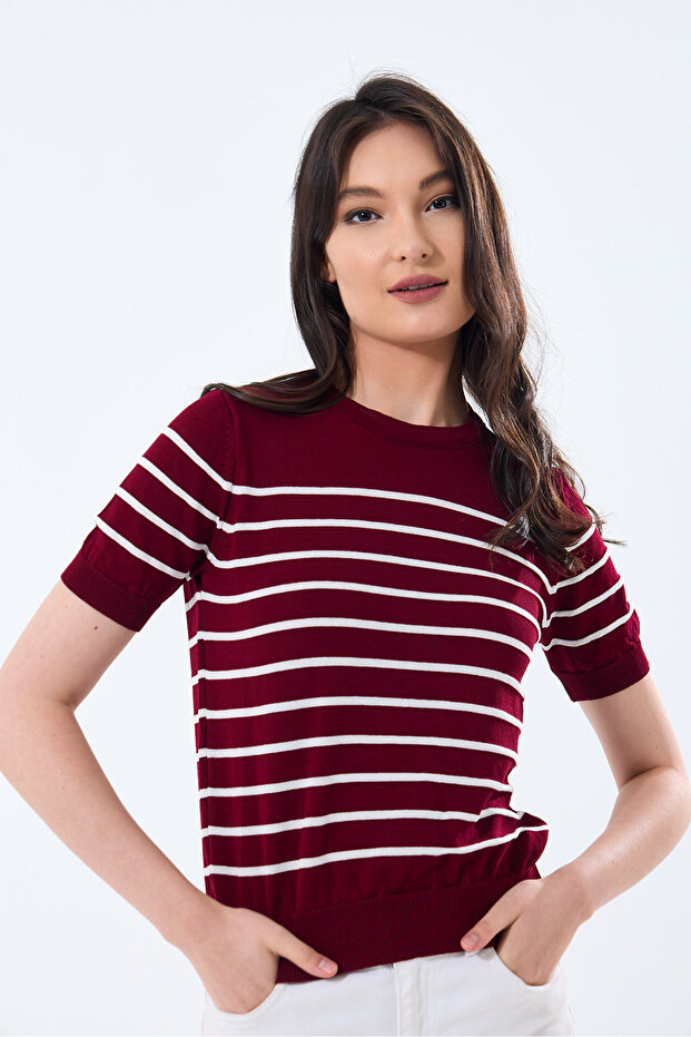 Basıc Kısa Kollu Çizgili Triko Kazak - 1