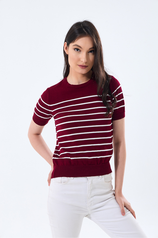 Basıc Kısa Kollu Çizgili Triko Kazak - 2