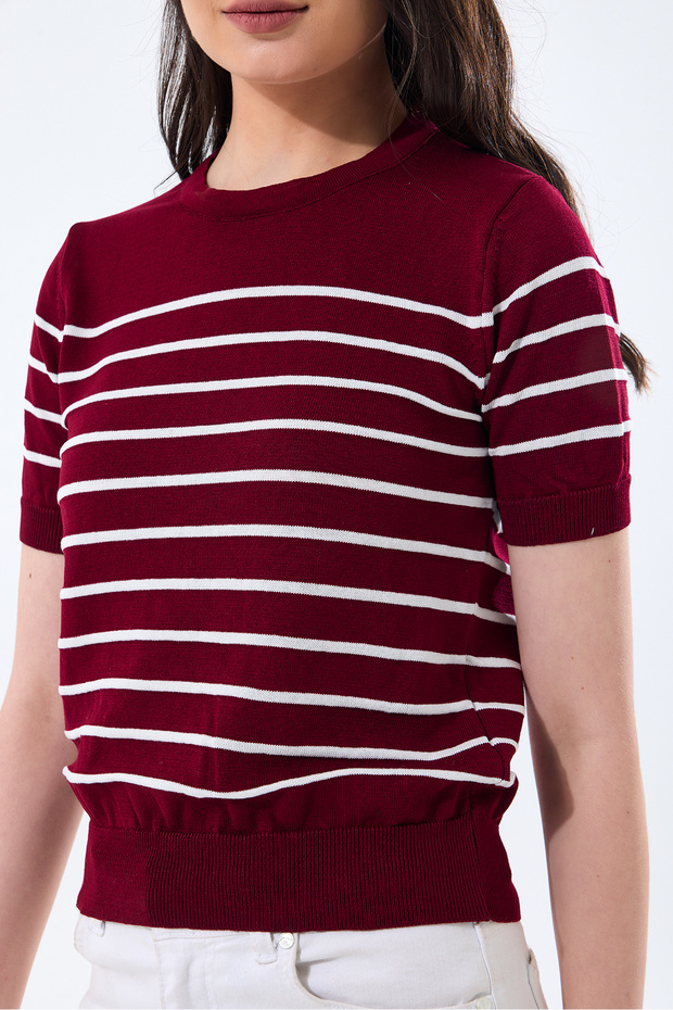 Basıc Kısa Kollu Çizgili Triko Kazak - 3
