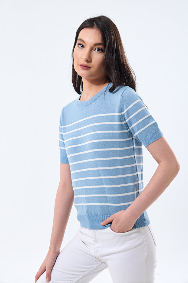 Basıc Kısa Kollu Çizgili Triko Kazak - 2