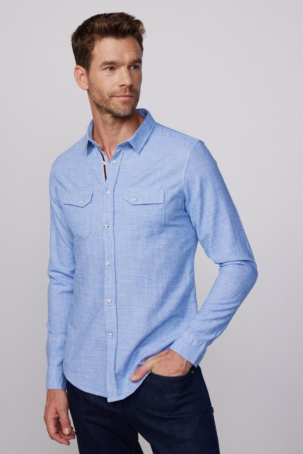 Men's Blue Slim Fit Shirt - Long Sleeve, 100% Cotton Linen, Double Pocket Piping
