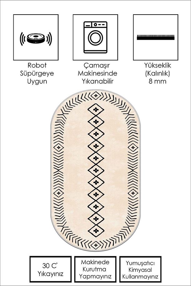 Dijital Baskı Yıkanabilir Kaymaz Taban Leke Tutmaz Bej Oval Mutfak Halısı Salon Halısı Ve Yolluk - 3