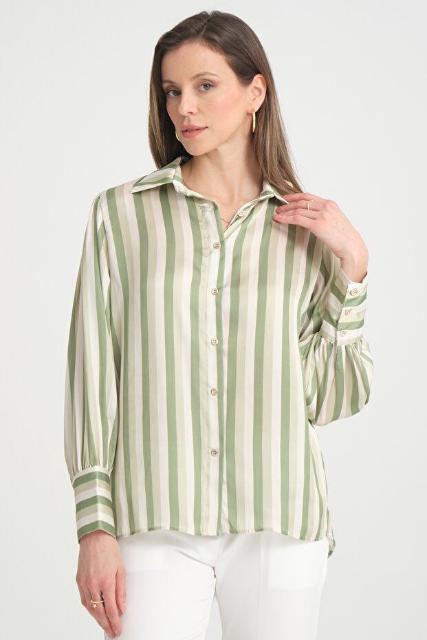 Women's Balloon Sleeve Gather Detailed Oversize Striped Satin Shirt