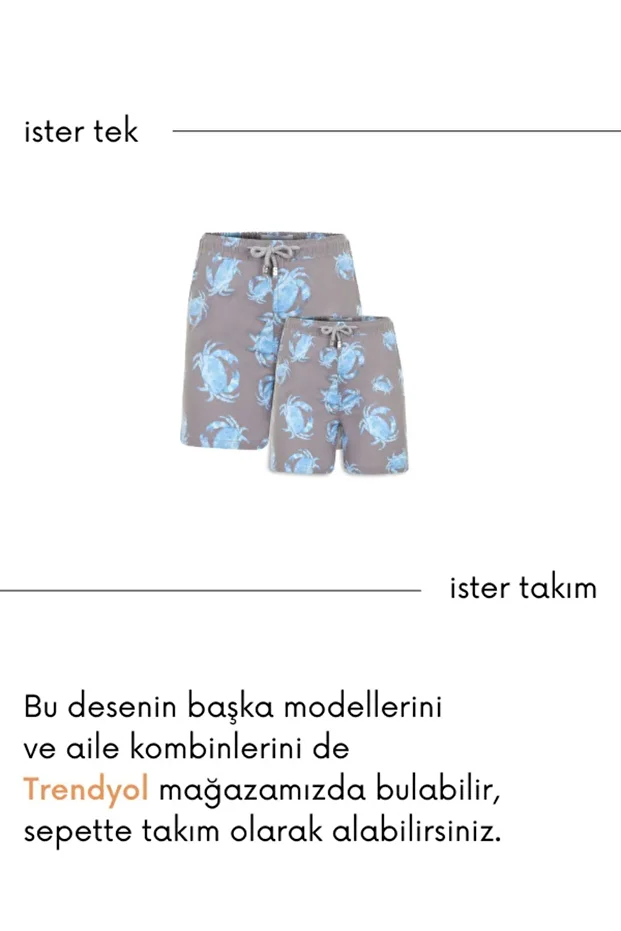 Blue Crab Erkek Bej Mavi Yengeç Desenli Deniz Sort Mayo I Bej Mavi Deniz Şortu - 7