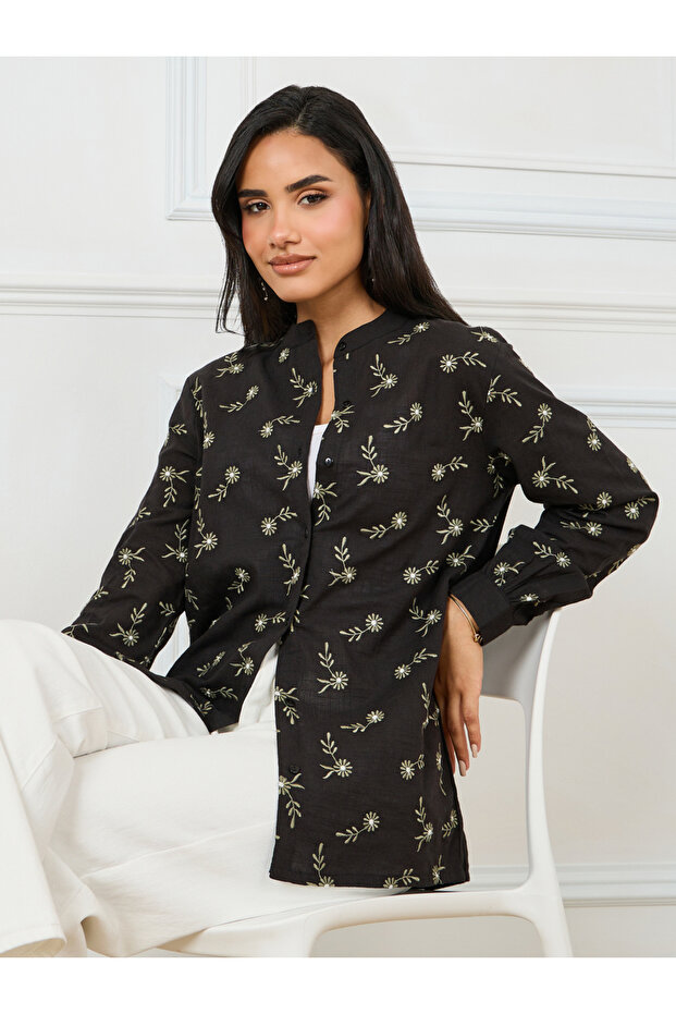 Cotton Slub Floral Embroidered Mandarin Collar Shirt