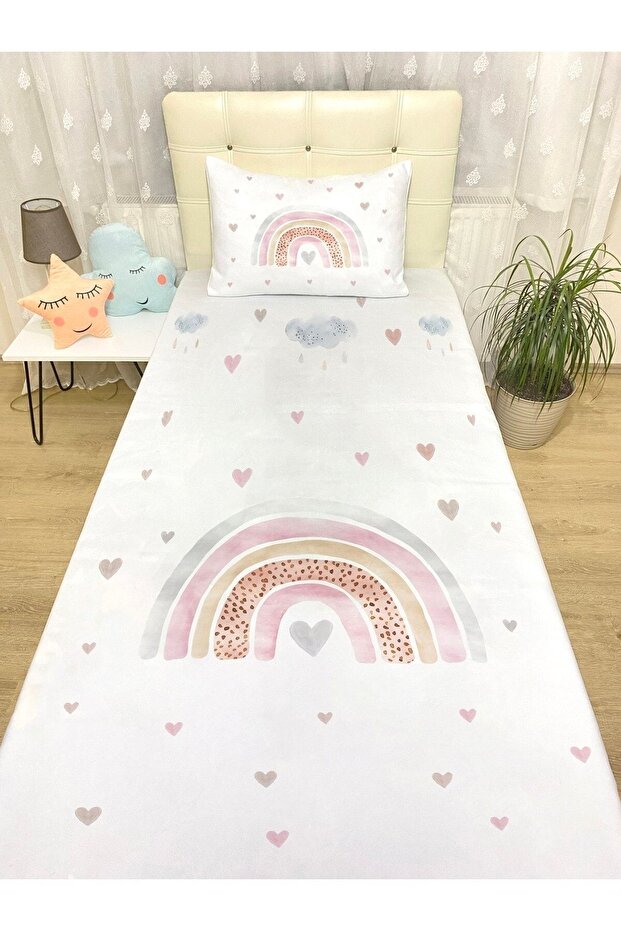 Powder Heart Rainbow Patterned Bedspread and Pillowcase