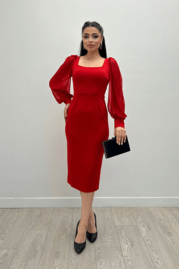 Crepe Fabric Square Collar Pencil Dress - Red