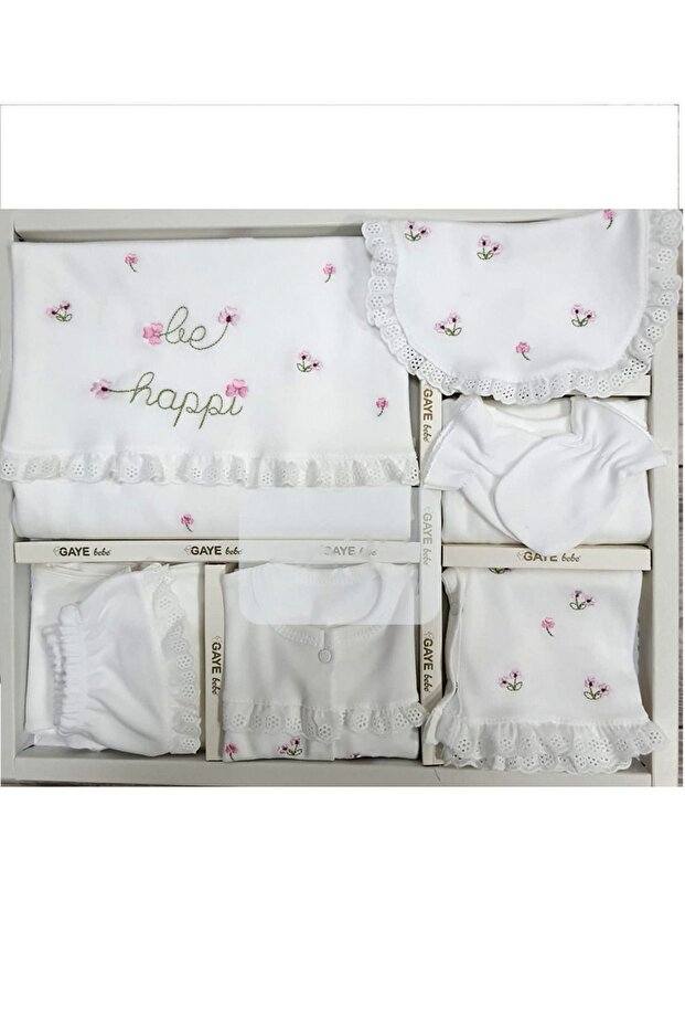 BE HAPPY FLOWER EMBROIDERED GIPURE DETAIL 100% COTTON ANTIBACTERY 10-Piece HOSPITAL EXIT SET