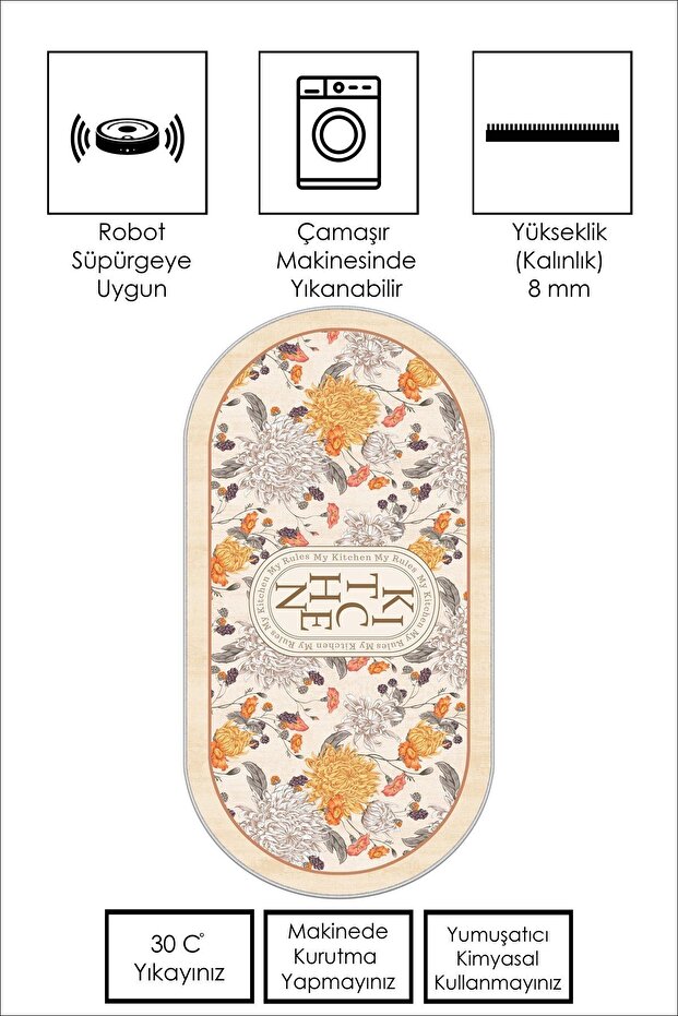 Makinede Yıkanabilir Kaymaz Taban Leke Tutmaz Bej Mutfak Halısı Mutfak Yolluk ve Balkon Halısı - 2