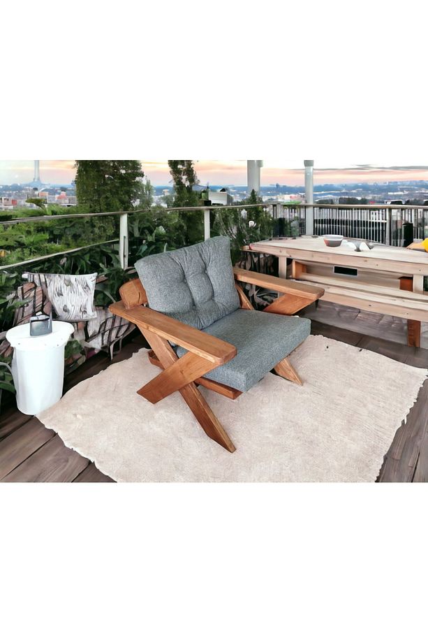 Berlin Masif Ahşap Bahçe Balkon Koltuk Takımı Kestane Ağacı - 1 adet Üçlü 2 Adet Tekli Gri K.T - 2