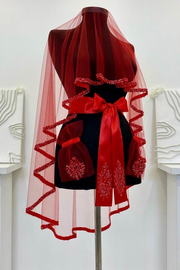 Red Bridal Veil Set, Glass Beads and Sequins Printed Henna Veil Set 6 Pieces