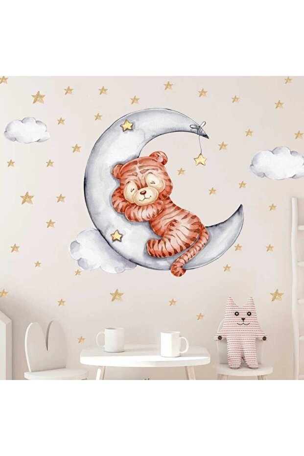 Sleeping Cute Tiger And 70 Pieces Star Pastel Color Children's Room Wall Sticker Set