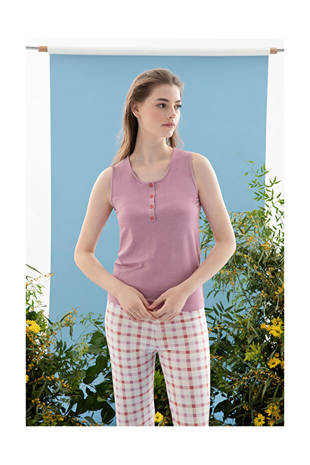 Summer Check Viscose Women's Pajama Set Lilac