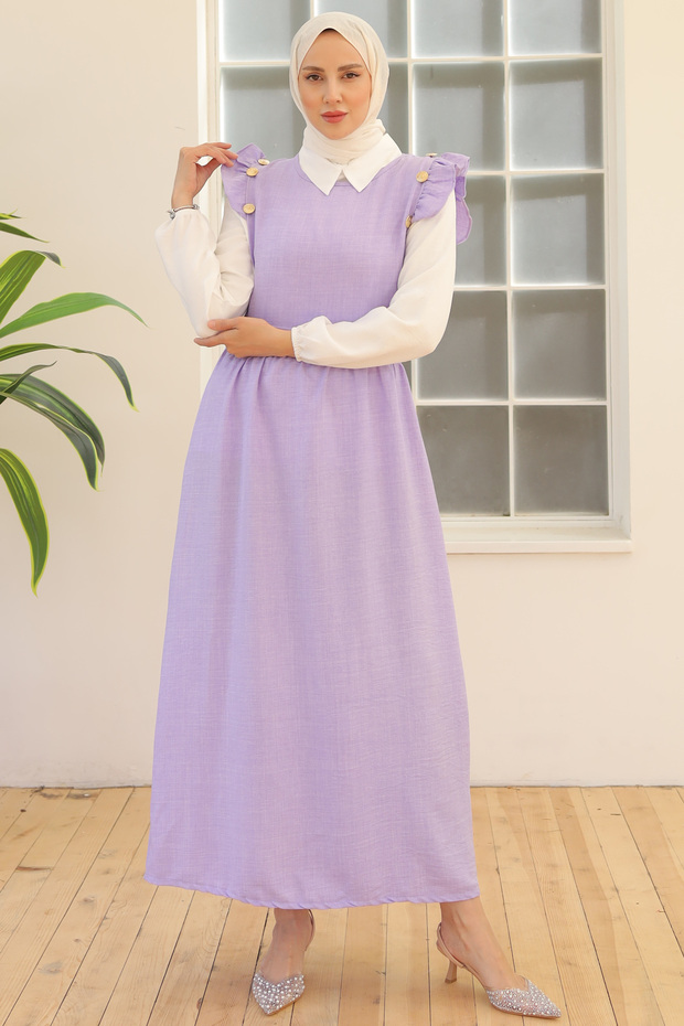 3852 Button Detailed Double Dress Lilac