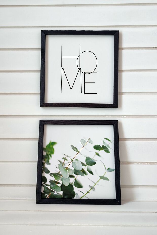 Living Room, Eucalyptus Home Written Wooden Framed Painting Set