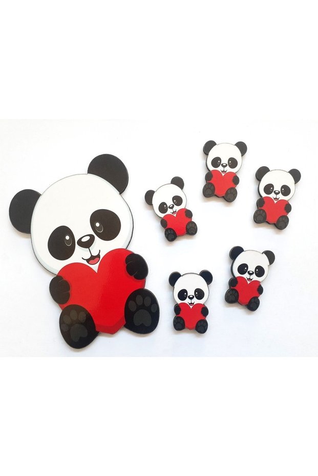 Cute Panda Figurine with Red Heart, Door/Wall Wooden Sticker Decoration for Kids Room